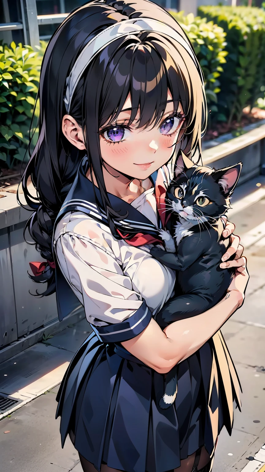sailor uniform, sailor suit, one woman, (a beauty woman, delicate schoolgirl:1.3), 8K, highest quality, masterpiece, Very detailed, Ultra-high resolution, Realistic, RAW Photos, Absolute Resolution, Black Hair, Braided Hair, small face compared to body, very small face, Black Hair, Navy blue sailor suit, Navy Blue Skirt, High school girl in sailor suit, Anime 2D rendering, Realistic若いアニメの女子高生, , ((White headband)), position looking down from above, Small breasts, tall, Slanted Eyes, Purple Eyes, Black Stockings, garter belt, smile, pet Shop, (Holding a kitten in your arms:1.3),