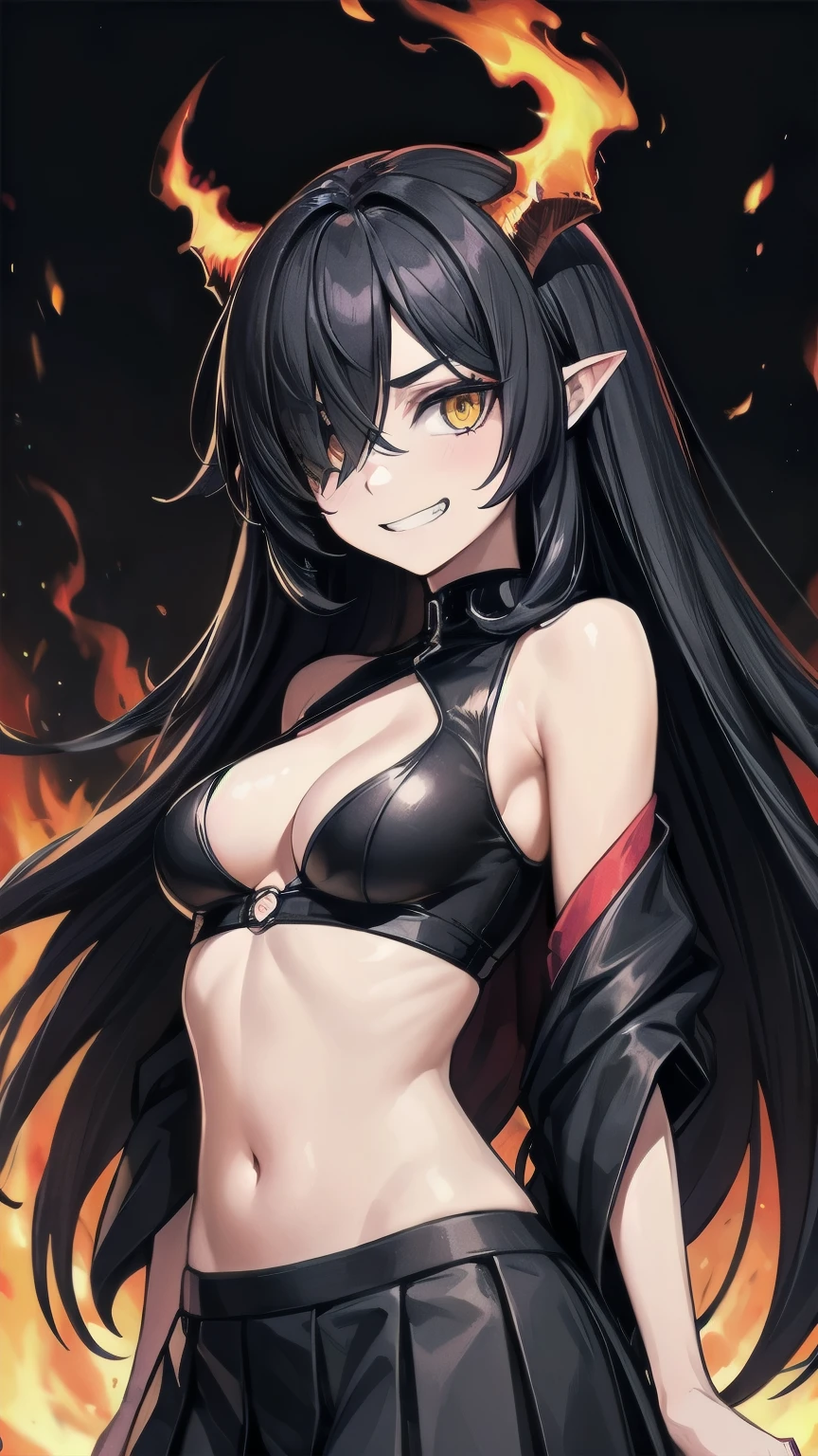 (masterpiece), best quality, expressive eye, perfect face, mature female, medium breasts, Cleavage, long hair, (hair over one eye), very long hair, straight hair, black hair BREAK yellow eye BREAK (demon girl), horns, wings, latex, crop top, pleated skirt, (black background), fire, flames, (hell), standing, glaring, evil grin, looking at viewer, midriff, bare shoulders, sleeveless 