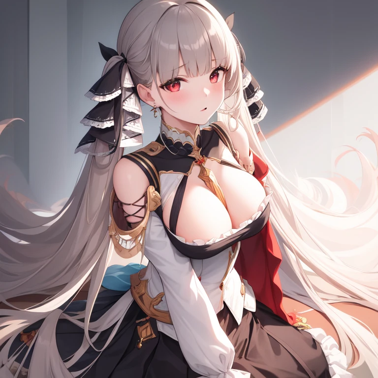 (masterpiece, Best quality1.2),illustration,8k,HD,1 Girl,Solitary,Upper Body,(portrait:1.2),long_hair,Large target_breast,Red_Eye,Very_long_hair,Bangs,Double tail,ribbon,grey_hair,cleveage,hair_ribbon,Two-color_ribbon,between_breast,Black_skirt,skirt,decorate,only_Shoulder,Frilly_skirt,long_sleeve,Two-color_skirt,jewelry,earrings,