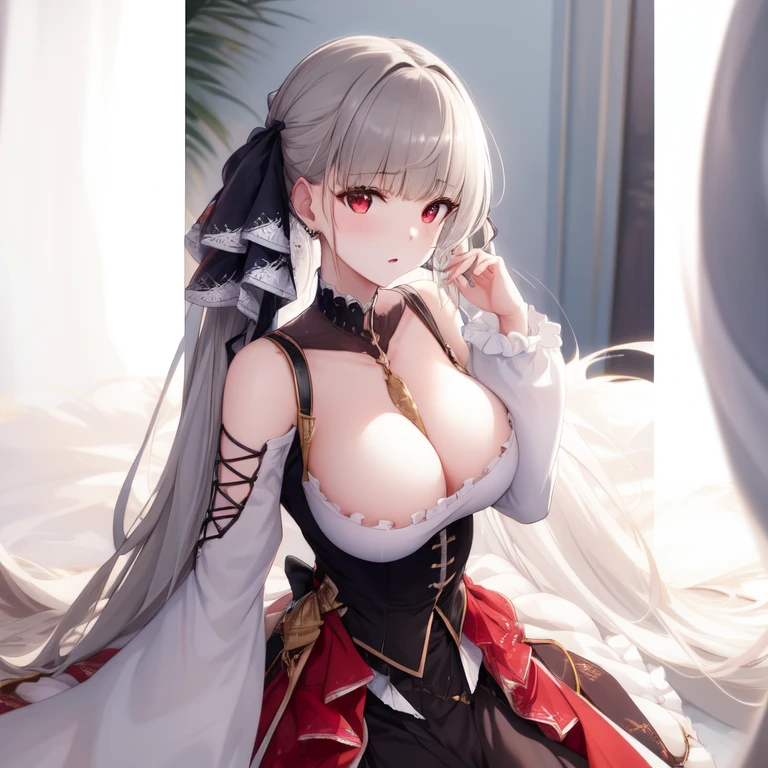 (masterpiece, Best quality1.2),illustration,8k,HD,1 Girl,Solitary,Upper Body,(portrait:1.2),long_hair,Large target_breast,Red_Eye,Very_long_hair,Bangs,Double tail,ribbon,grey_hair,cleveage,hair_ribbon,Two-color_ribbon,between_breast,Black_skirt,skirt,decorate,only_Shoulder,Frilly_skirt,long_sleeve,Two-color_skirt,jewelry,earrings,