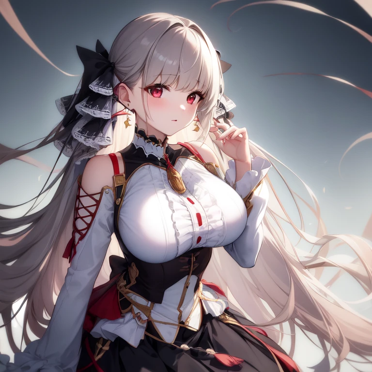 (masterpiece, Best quality1.2),illustration,8k,HD,1 Girl,Solitary,Upper Body,(portrait:1.2),long_hair,Large target_breast,Red_Eye,Very_long_hair,Bangs,Double tail,ribbon,grey_hair,cleveage,hair_ribbon,Two-color_ribbon,between_breast,Black_skirt,skirt,decorate,only_Shoulder,Frilly_skirt,long_sleeve,Two-color_skirt,jewelry,earrings,