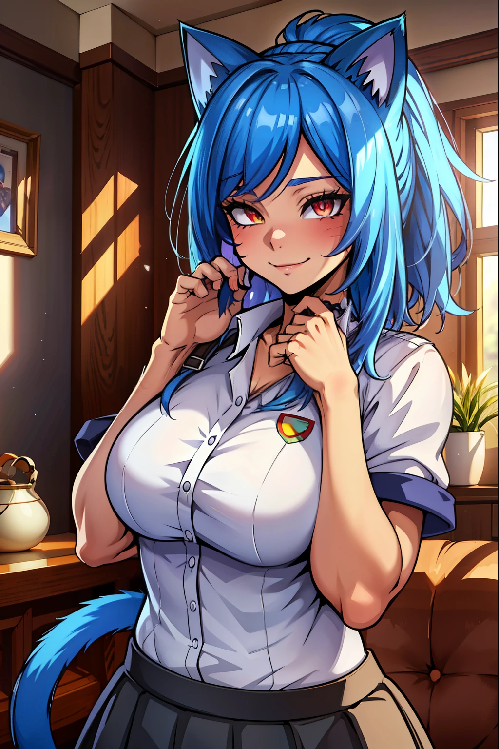 cat girl, blue hair, red eyes, cat ears, cat tailwhite shirt, skirt, (extremely detailed CG unity 4k wallpaper),(masterpiece),(best quality),(ultra-detailed),(best illustration),(best shadow),(absurdres),(detailed background), Smiling,