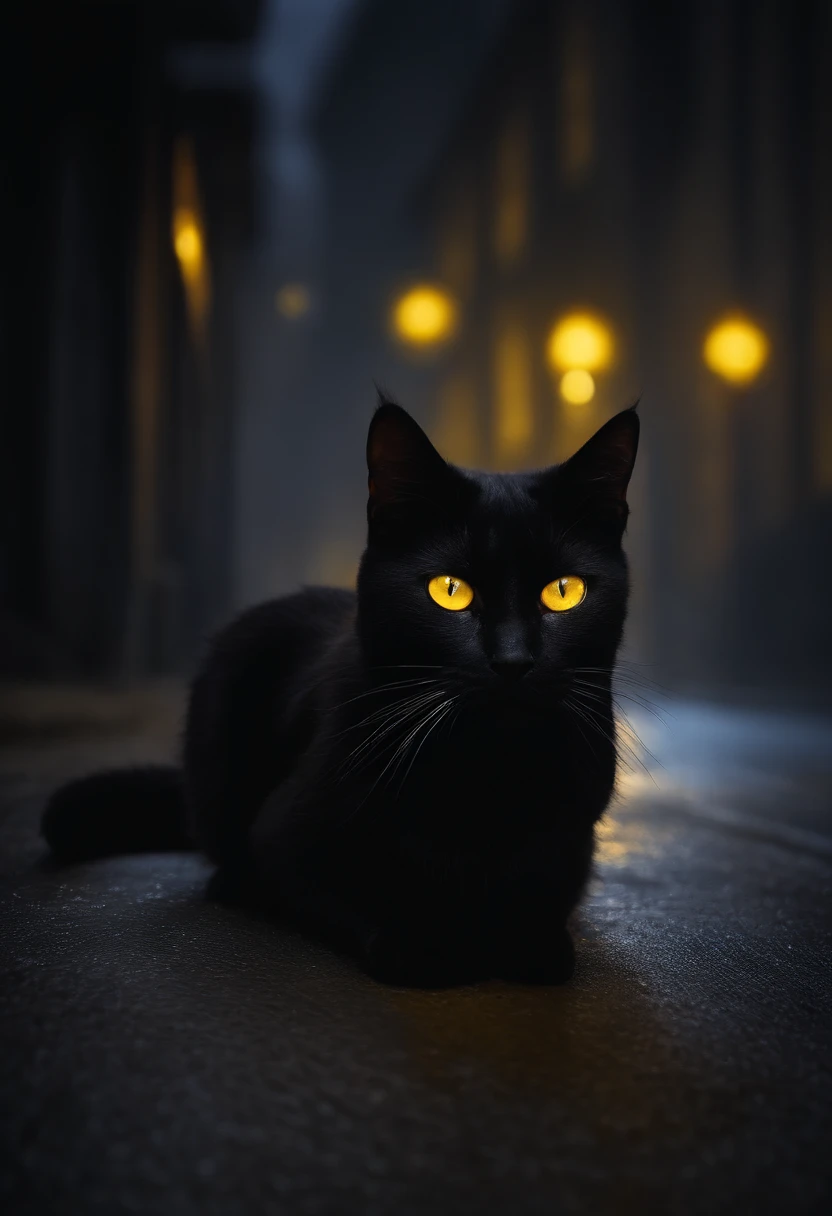 Yellow-eyed cat, hairy black cat, horror movie style, foggy background, evil eyes, bright-eyed cat, street in the middle of the night, cat hiding in the shadows slightly.