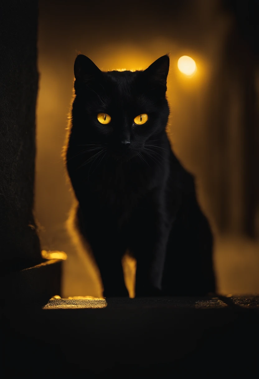 Yellow-eyed cat, hairy black cat, horror movie style, foggy background, evil eyes, bright-eyed cat, street in the middle of the night, cat hiding in the shadows slightly.