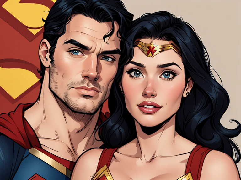 Cartoon style digital illustration portrait mode of Henry Cavill with a beard and his girlfriend, actress Geena Davis Cartoon style digital illustration style with the information of Superman and Wonder Woman