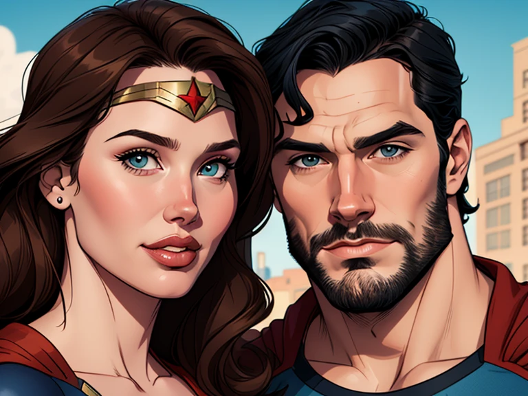 Cartoon style digital illustration portrait mode of Henry Cavill with a beard and his girlfriend, actress Geena Davis Cartoon style digital illustration style with the information of Superman and Wonder Woman
