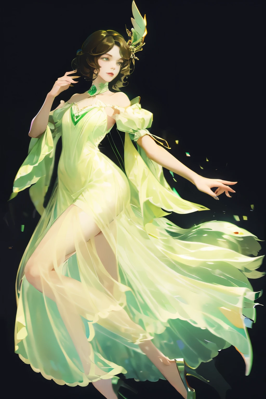 ((High quality work)), Clean and simple lines, The green dress and beautiful ruffled lace complement each other, Enriches the layering of the entire picture, Elegant Edwardian lace dresses and princess dresses add a lot of color to the characters, Gesture with hands behind back , It also shows the gentle and elegant side of women.