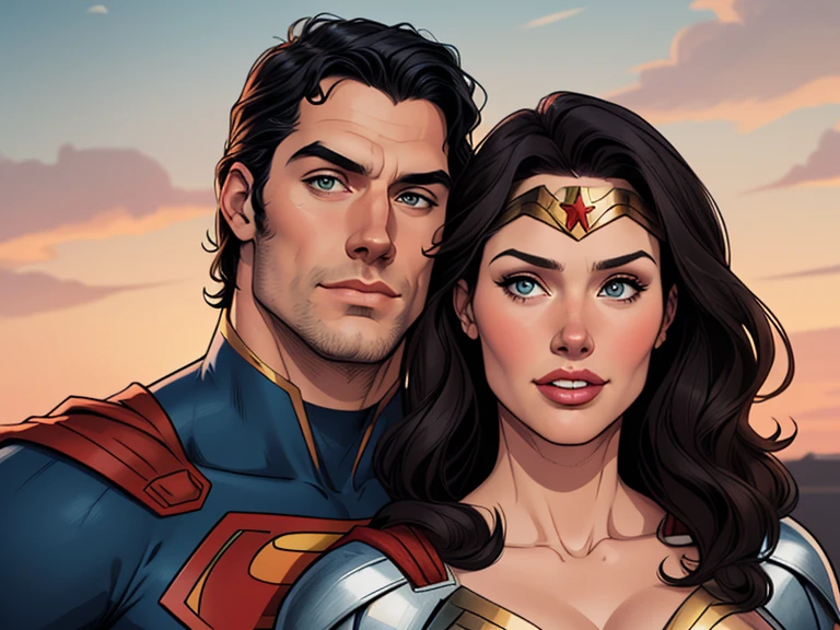 Cartoon style digital illustration portrait mode man in his 30s Henry Cavill with beard and his girlfriend actress Geena Davis Cartoon style digital illustration with the information of Superman and Wonder Woman 