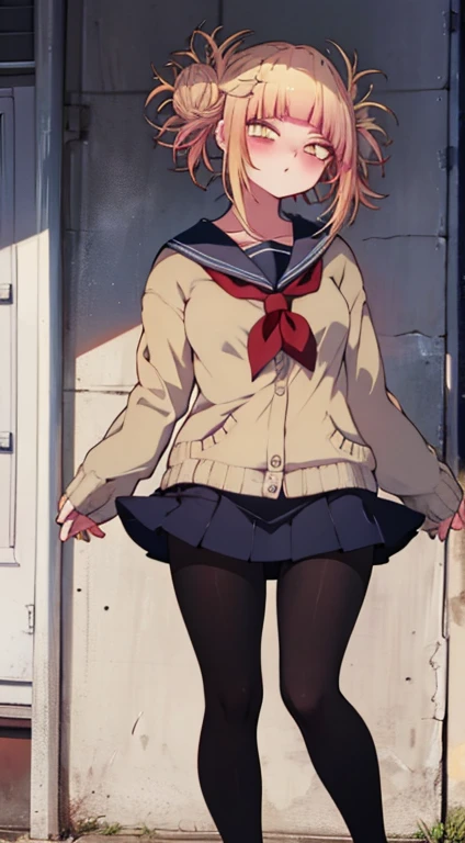 Finest, masterpiece, high definition, (full body), frontal, symmetrical, mature high school girl, solo, (full body from head to toe), small breasts, long hair, slightly messy hair, (black tights), ( (black pantyhose), black pantyhose, composition showing white panties, slender beautiful legs, a very beautiful 17-year-old girl (not wearing shoes) legs), blushing, shy big eyes, messy hair, looking at camera, showing white panties, white frilly lingerie, high blazer, high White blouse, high with blue ribbon, high with short plaid pattern and navy pleated skirt