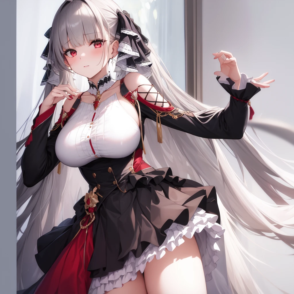 (masterpiece, Best quality1.2),illustration,8k,HD,1 Girl,Solitary,Upper Body,(portrait:1.2),long_hair,Large target_breast,Red_Eye,Very_long_hair,Bangs,Double tail,ribbon,grey_hair,cleveage,hair_ribbon,Two-color_ribbon,between_breast,Black_skirt,skirt,decorate,only_Shoulder,Frilly_skirt,long_sleeve,Two-color_skirt,jewelry,earrings,