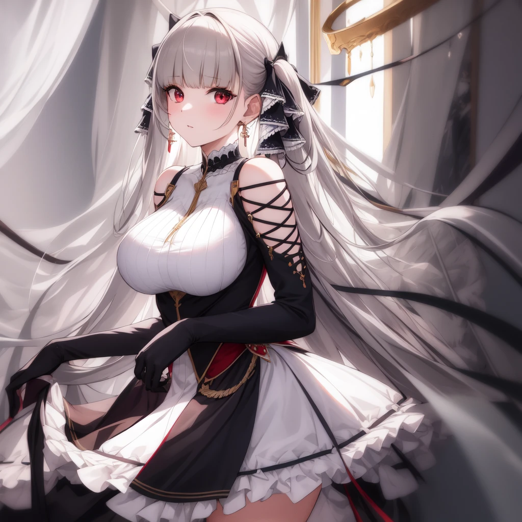 (masterpiece, Best quality1.2),illustration,8k,HD,1 Girl,Solitary,Upper Body,(portrait:1.2),long_hair,Large target_breast,Red_Eye,Very_long_hair,Bangs,Double tail,ribbon,grey_hair,cleveage,hair_ribbon,Two-color_ribbon,between_breast,Black_skirt,skirt,decorate,only_Shoulder,Frilly_skirt,long_sleeve,Two-color_skirt,jewelry,earrings,