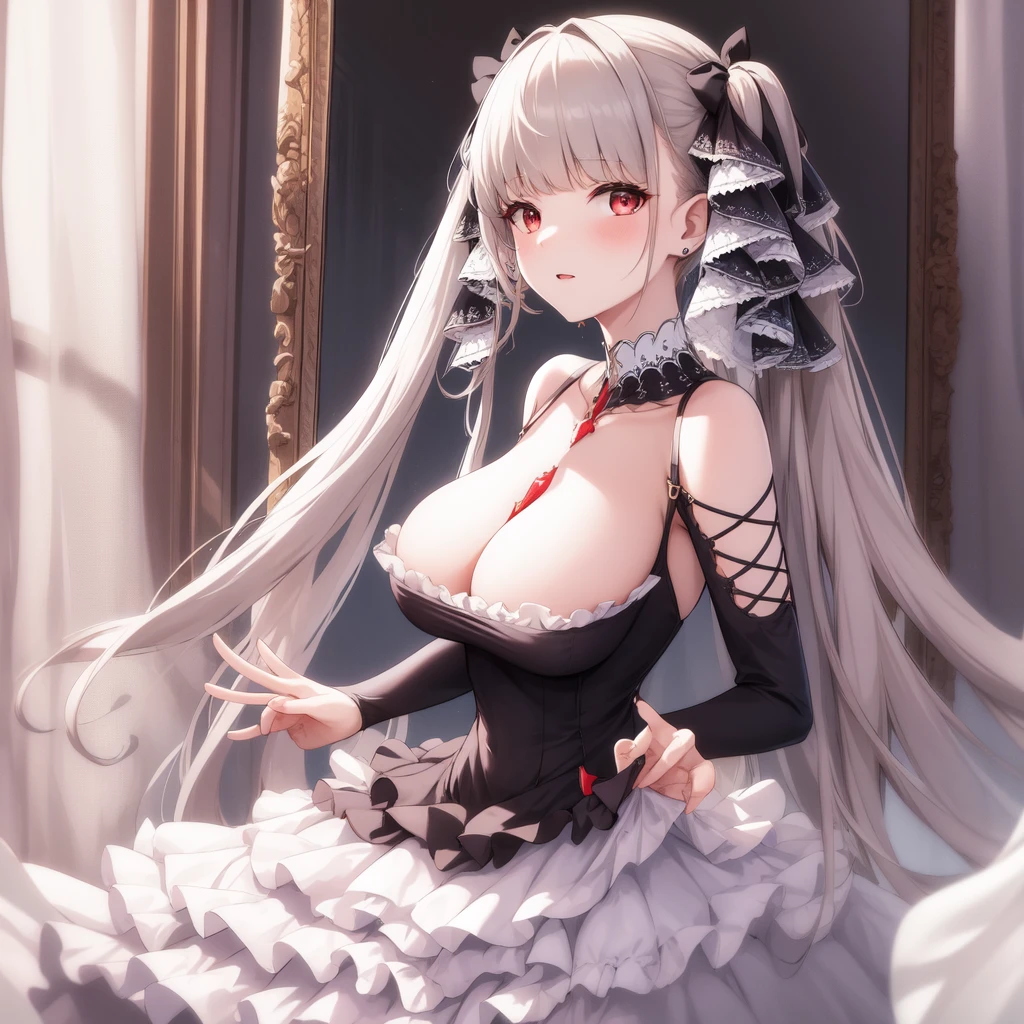 (masterpiece, best quality1.2),illustration,8k,hd,1girls,solo,upper body,(portrait:1.2),long_hair,large_breasts,red_eyes,very_long_hair,bangs,twintails,ribbon,grey_hair,cleavage,hair_ribbon,two-tone_ribbon,between_breasts,black_dress,dress,frills,bare_shoulders,frilled_dress,long_sleeves,two-tone_dress,jewelry,earrings,