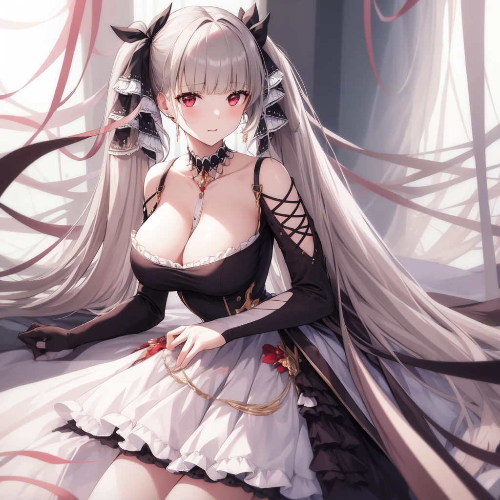 (masterpiece, best quality1.2),illustration,8k,hd,1girls,solo,upper body,(portrait:1.2),long_hair,large_breasts,red_eyes,very_long_hair,bangs,twintails,ribbon,grey_hair,cleavage,hair_ribbon,two-tone_ribbon,between_breasts,black_dress,dress,frills,bare_shoulders,frilled_dress,long_sleeves,two-tone_dress,jewelry,earrings,