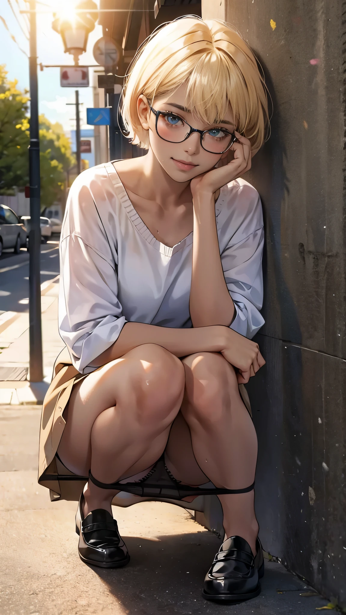 (super flat, flat shading), Honors Type, Really blushing, 17 years old, high school girl, Short bob cut blonde hair, Glasses, (((sun burn dark skin))), sweaty healthy body, mesugaki smile, black panties, bare legs, loafers, ultra realistic, early morning, hand on own cheek, squatting in crowded street, (panty shot:1.5)