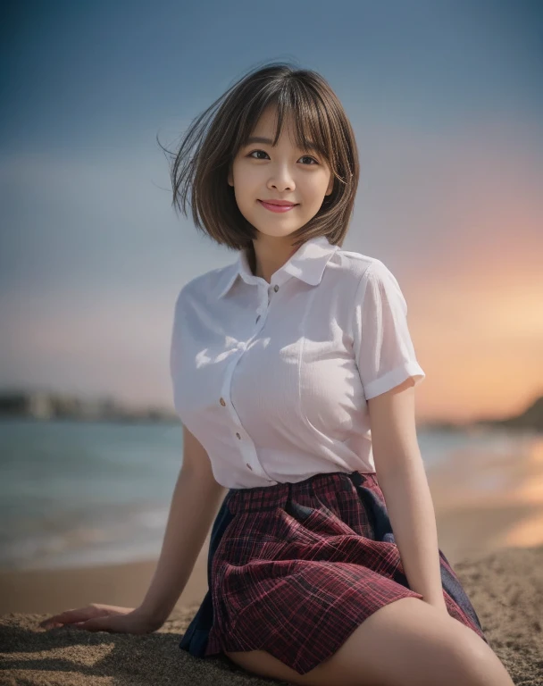 (8K, RAW photo, highest quality, masterpiece:1.2), (realistic, photo-realistic:1.37), super detailed,
1 girl,cute, alone,beautiful and detailed sky,Detailed beach side,night,sitting,date,(blush your nose),(smile:1.1),(closed mouth),big breasts, seductive smile, large aparture, professional lighting, Sony α7R4, Zessie 50mm F1.8,
medium breasts,beautiful and fine eyes,(collared shirt:1.1),pleated skirt,(short hair:1.2),floating hair