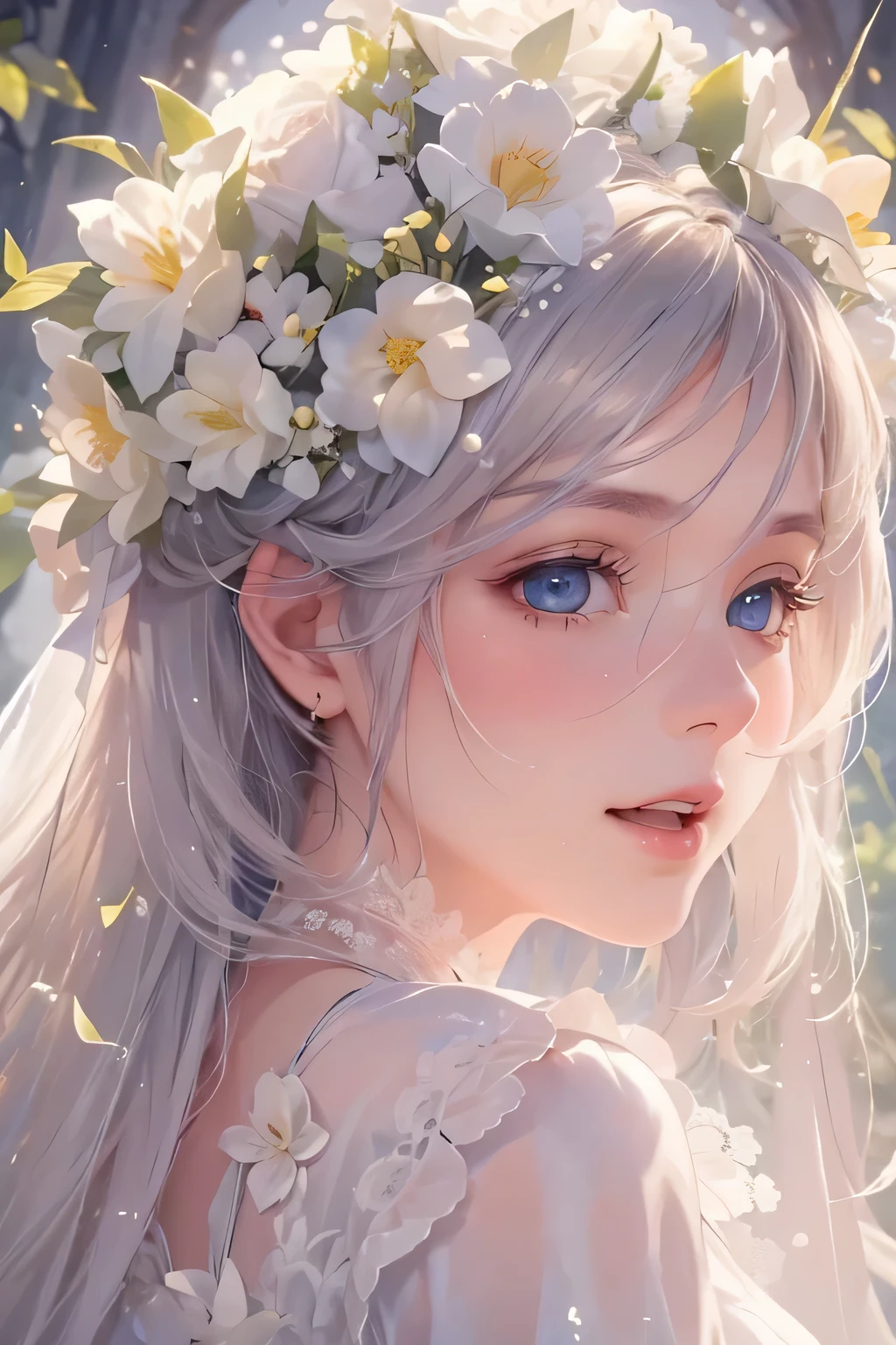 (Head to toe shot, Artistic angle: 1.6)、Portrait of a Bride, A-line ruffles and delicate floral embroidery..The Hobbit Wedding. Chapel in the forest. wood々The sunlight shining through the gaps illuminates the bride.、Creates a fantastic atmosphere. The Hobbit Bride、Wearing a veil on the head、I'm stunned by the beautiful expression..effect///fluffy pastel colors.Thin brush, rough, Detailed watercolor painting, soft and wonderful, pastel, fluffy, (Very nice and beautiful), (Perfect detail)、(pastel color),Soft texture:1.2.(Tabletop, highest quality), (beautiful, Fine grain), (Detailed eyes and face),The color is noticeably brighter.pale and blurred outline,Low lighting, Gloomy atmosphere,Subtle highlights