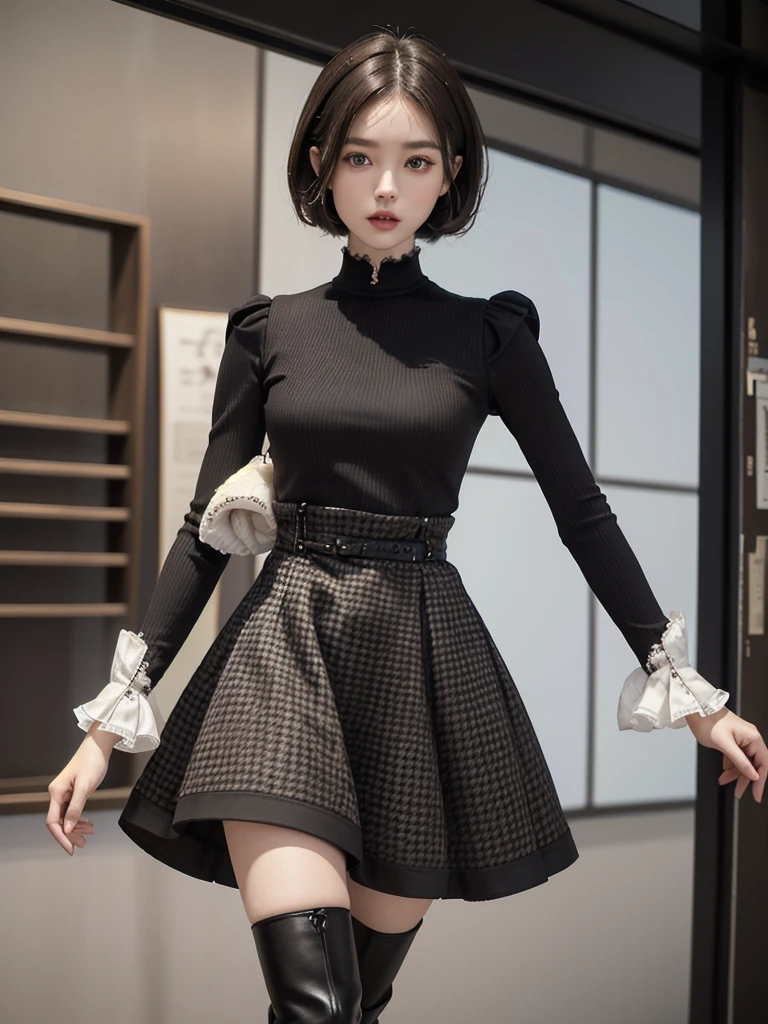 Standing in front of the viewer、masterpiece、Very detailed、Surreal、Watercolor and ink painting、high waist、Brown and dark brown houndstooth A-line dress、Dark piping、Puff sleeves、Super detailed、super beautiful、white straight short hair、Knee-high boots、Young woman dancing wearing、lean muscular body、Perfect Eyes Eyes、chara-sheet,
