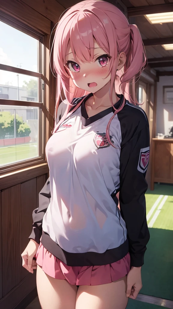 mastute piece,Best Quality,insanely detailed,8k cg,
shoot upper body,
1girl,standing,body in front,looking at viewer,(soccer uniform),
blush,shy,(trembling:1.2),pink hair,break,open mouth,large breast,soccer field,