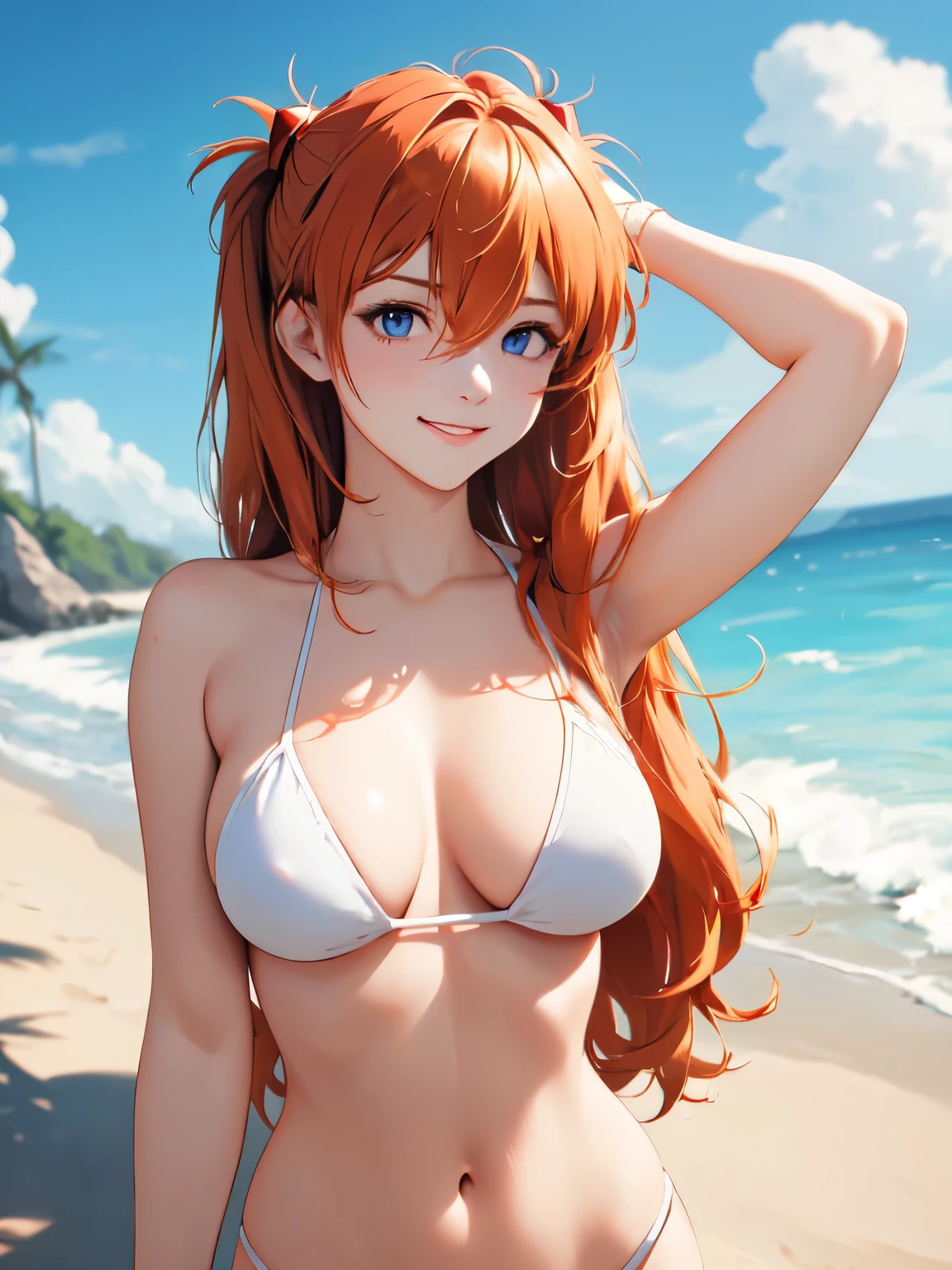 (masterpiece, highest quality), One girl, Beautiful Face, Beautiful body, souryuu_Asuka_Langley, Interface Headset, Hair between the eyes, ((Show your whole body:1.5)), smile, At the Beach, Swimwear, Big Breasts
