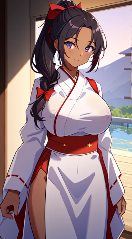 masterpiece, best quality, anime Illustration, 4k, 1 girl, solo, standing, long hair, black hair, violet eyes, high ponytail, red hair ribbon, red ribbon, red hakama and white kimono, thin fabric, nipples, erect nipples, big breasts, huge breasts, looking_at_viewer, motherly smile, upper_body, dark skin, ((Village background:1.0)), ((dark skin: 1.5)), , ((parted bangs: 1.4)),  parted bangs, large forehead, purple eyes, red hakama