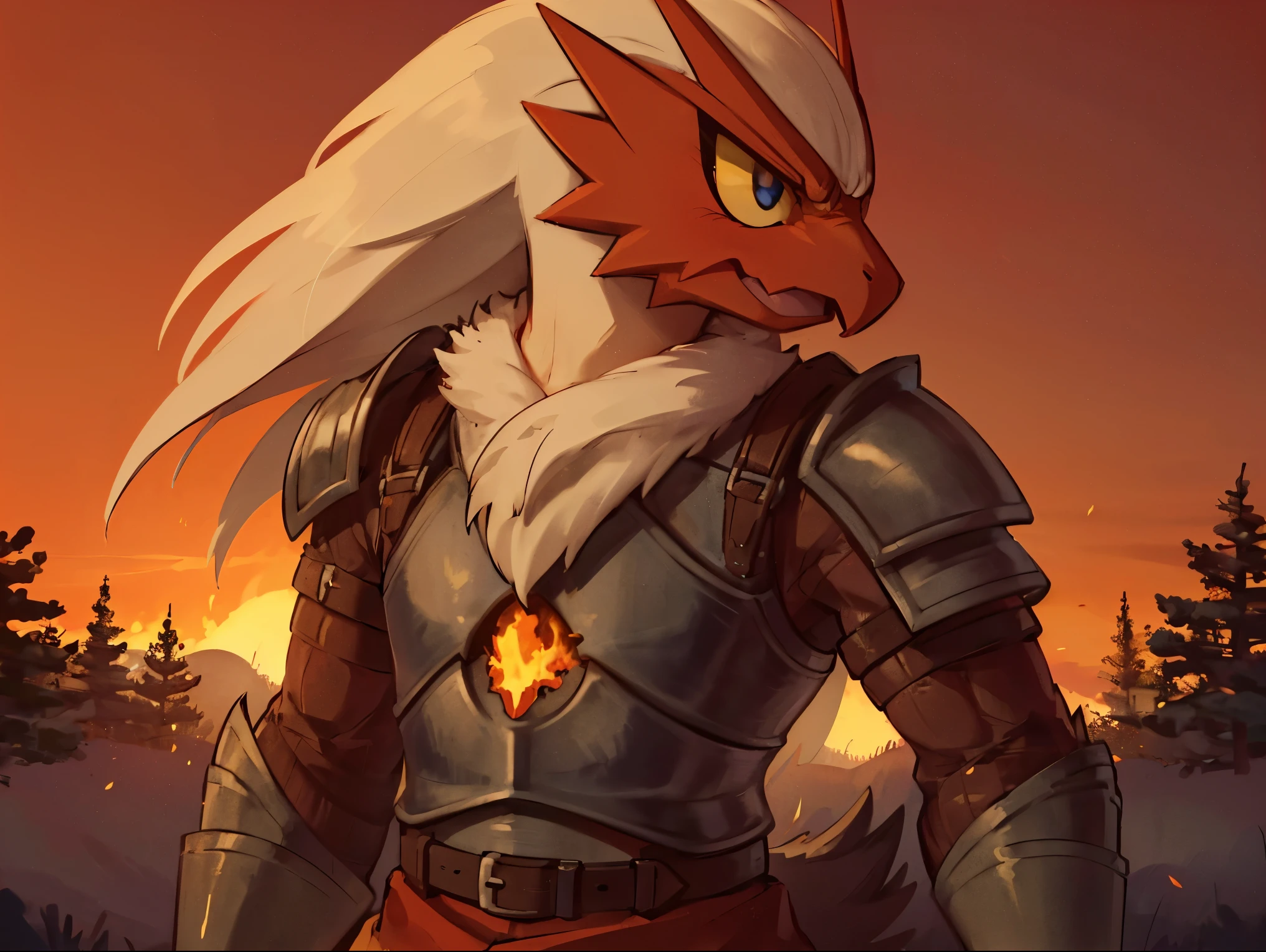 (Long white hair), (bags under eyes), Best Quality, absurd res, illustration, ((femboy)), Blaziken. (blaziken, Nintendo, pokemon, wide hips. gen3, avian, biped, anthro, red body, feathers, red feathers, tuft, chest tuft, neck tuft, blue eyes, blue iris, yellow sclera, colored sclera, beak, hair, long hair, white hair, talons, talon hands, 3 fingers, scutes, scuted arms, tail feathers), (((angry))), standing, ((side view)), ((looking away)), ((facing right)), ((((((steel armor))))), ((((steel chest plate)))), (((adventurer gear))), ((harness)), ((((up close)))), (((halfbody shot))), (burning forest), fire everywhere, ((burning trees)), ((embers.)) black sky, epic. dark lighting, heavy shadows, orange/red atmosphere, red/orange lighting. ((red/orange sky)), very good figure, masterpiece, best quality, 16k 