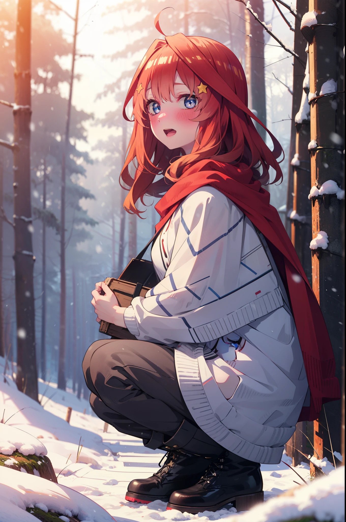 itsukinakano, Itsuki Nakano, bangs, blue eyes, Hair between the eyes, Ahoge, Redhead, star \(symbol\), hair ornaments, star hair ornaments,smile,blush,White Breath,
Open your mouth,snow, fire, Outdoor, boots, snowing, From the side, wood, suitcase, Cape, Blurred, Increase your meals, forest, White handbag, nature,  Squat, Mouth closed, フードed Cape, winter, Written boundary depth, Black shoes, red Cape break looking at viewer, Upper Body, whole body, break Outdoor, forest, nature, break (masterpiece:1.2), highest quality, High resolution, unity 8k wallpaper, (shape:0.8), (Beautiful and beautiful eyes:1.6), Highly detailed face, Perfect lighting, Highly detailed CG, (Perfect hands, Perfect Anatomy),