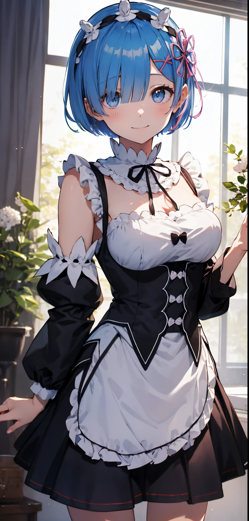  High resolution, Very detailed, Slender body、Bright room、Bright colors、Detailed colors、Light blue very short bob hair、Maid clothes、Big Breasts、One eye is hidden by hair:1.0、Headband、Open your mouth and smile、Rem(re:zero)、Open your arms and offer them to the viewer;1.4、mini skirt、Off the shoulder、