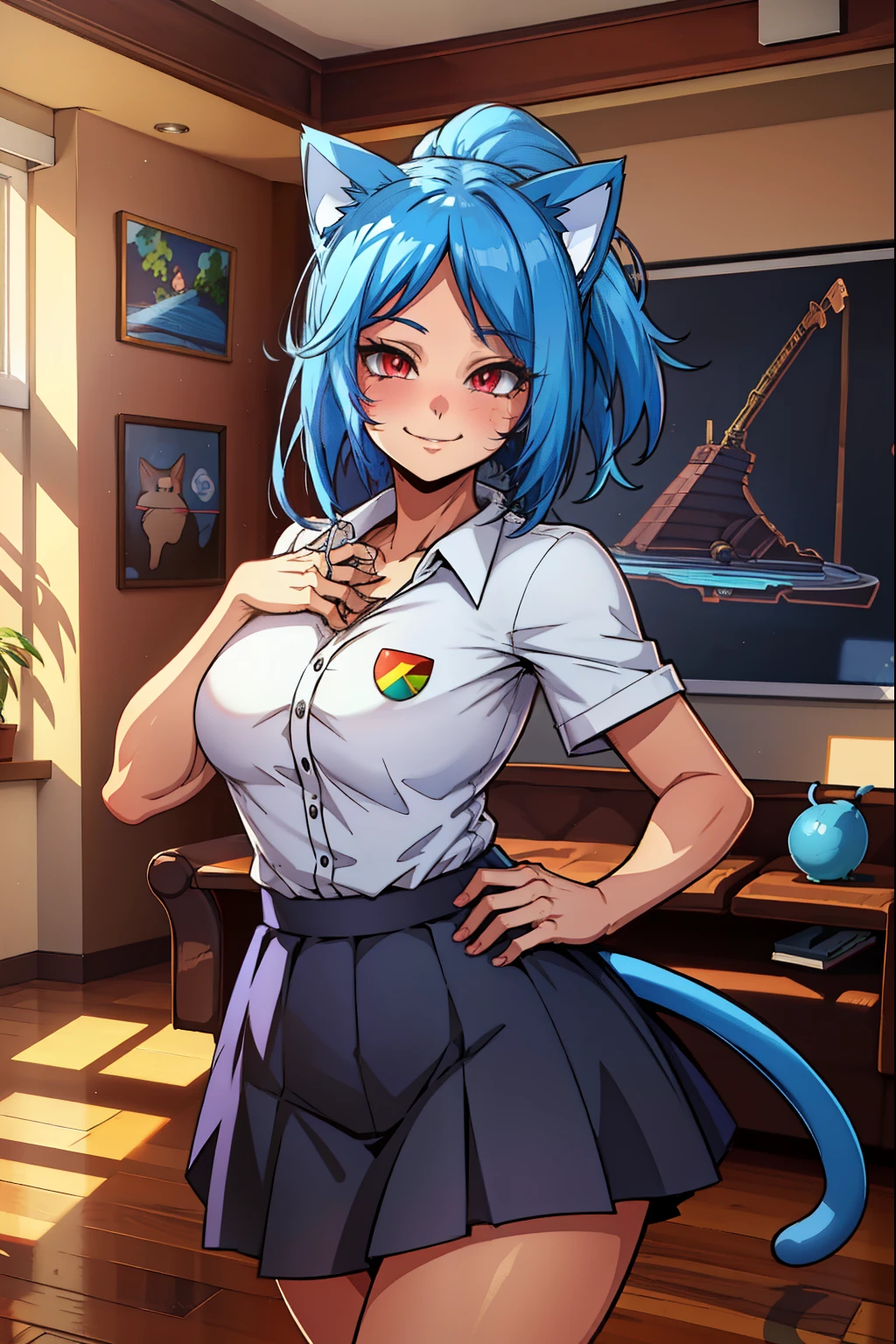 cat girl, blue hair, red eyes, cat ears, cat tail,white shirt, skirt, (extremely detailed CG unity 4k wallpaper),(masterpiece),(best quality),(ultra-detailed),(best illustration),(best shadow),(absurdres),(detailed background), Smiling, Contemporary house, 