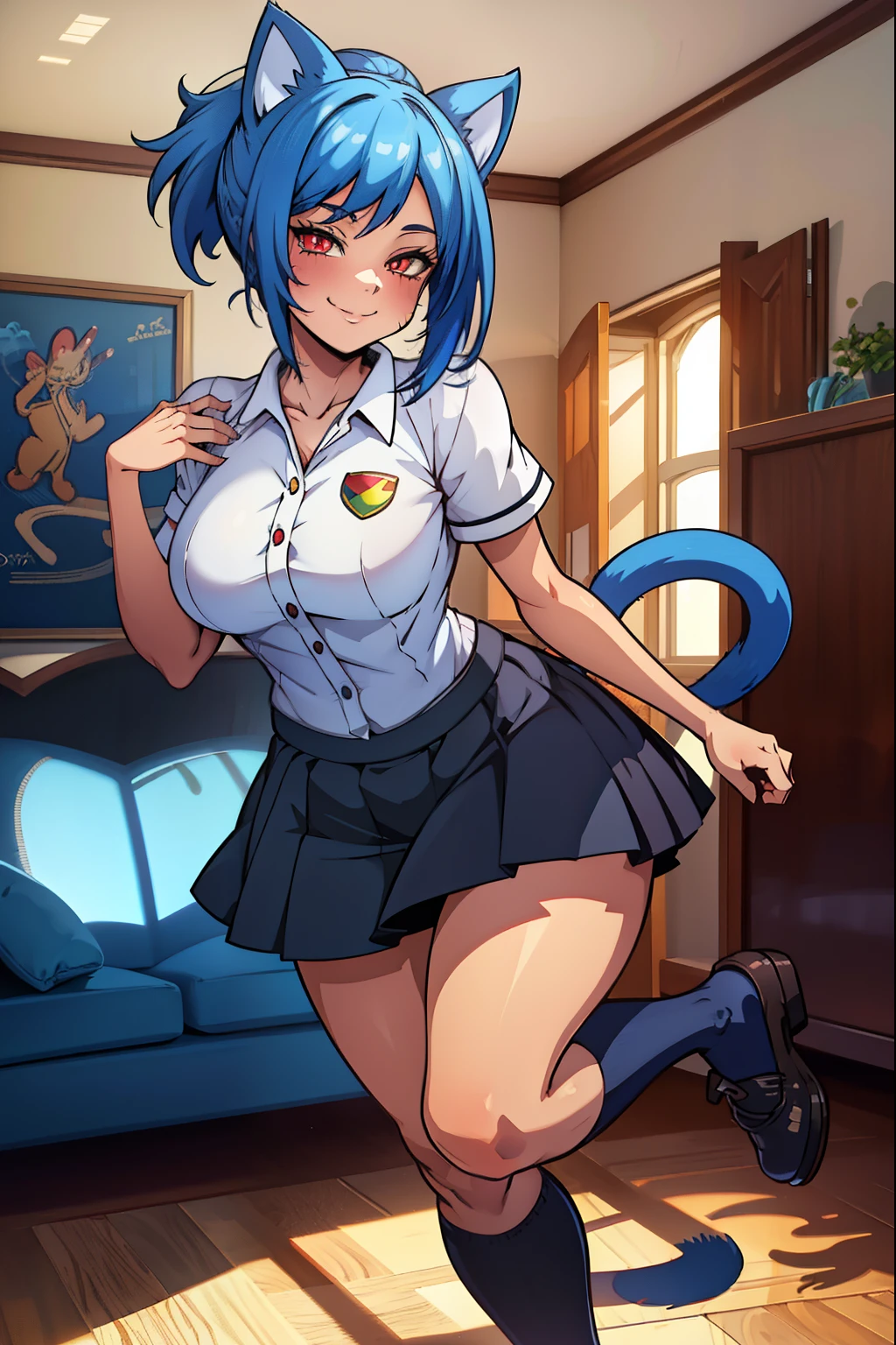 cat girl, blue hair, red eyes, cat ears, cat tail,white shirt, skirt, (extremely detailed CG unity 4k wallpaper),(masterpiece),(best quality),(ultra-detailed),(best illustration),(best shadow),(absurdres),(detailed background), Smiling, Contemporary house, 