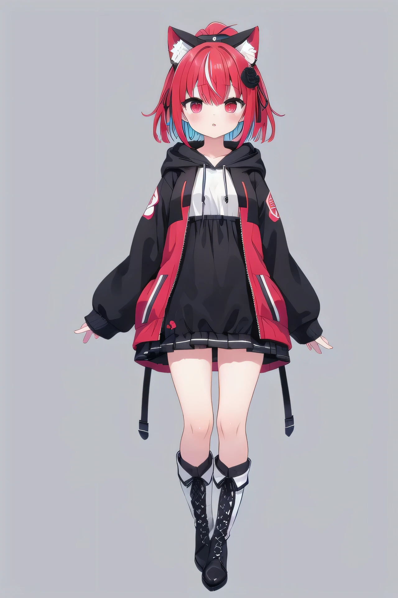 masterpiece, top quality, super detailed, CG illustration, high resolution, better lighting, best shadows, very delicate and beautiful, proper shading, hd, 8k,1girl, solo, long hair, breasts, looking at viewer, bangs,Bloodred hair, simple background, hair ornament, long sleeves, dress, ribbon, animal ears, jacket, full body, hair ribbon, Bloodred eyes, ponytail, flower, red hair, multicolored hair, boots, parted lips, open clothes, socks, hair flower, hood, open jacket, red ribbon, streaked hair, black jacket, animal ear fluff, sleeves past wrists, kneehighs, blue background, knee boots, hood down, black socks, hooded jacket, cross-laced footwear, drawstring, lace-up boots, black dress, black hoodie, black footwear
