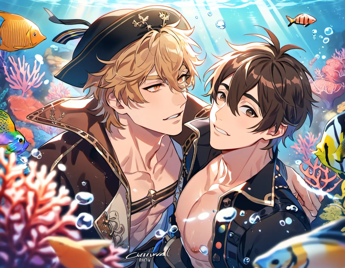 absurdres, highres, ultra detailed, HDR, master piece, best quality, Eiden, brown hair, expressive brown eyes, Nu Carnival, Quincy, blond messy hair, expressive orange eyes, two men together, sexy gay couple, handsome, black hat, fantasy black pirate clothes, accessories, showing the chest, underwater, coral, fish, bubbles