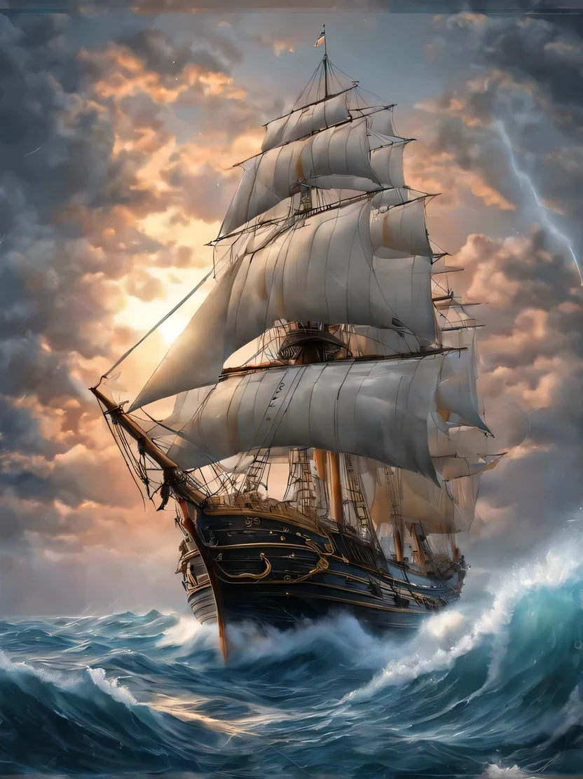 ((masterpiece、highest quality、Genuine、Very detailed、High resolution、Sharp focus、Cinematic lighting))、((There are no people))、Detailed cover artwork、Awesome Wallpapers、A picture of a ship floating on the sea with the sunset as the background、Four-masted ship、Old pirate ship、Gothic sea ship、Highly detailed digital art、Detailed painting