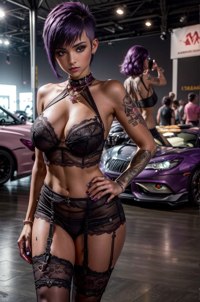 (( best quality, ultra high res, (photorealistic:1.4), (detailed beautiful girl:1.4) )) tactical, Dedos lindos,Dedos detalhados,Mulheres, Lado europeu, Estilo Tank , Garota punk-rock(Pelo Corto morado y rosa: 1.5), Fortemente tatuado, rebelde, agressivo, encantadora,Garota alternativa, (Oeste: 1.2), 4K, high resolution, Obra-prima, A melhor qualidade, (head: 1.3), Couro finamente detalhado, escote, .saia,Incline-se para o espectador, navel piercing, (American Car Exhibition Hall:1.4), ghetto tattoo,  