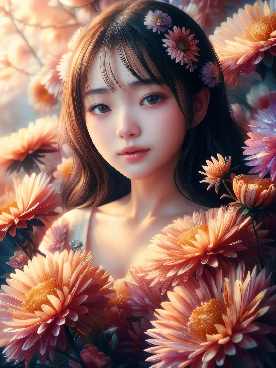 Hyper-realistic portrait of a Japanese girl with Aster flowers, intricate and detailed composition, close-up, shallow depth of field, soft natural lighting, high resolution, accurate representation, unique, creative, well-lit, clear details, Canon EOS R5, 100mm macro lens, f/2.8, elegant, sophisticated, well-composed, unique pose, warm color tones, delicate, refined, natural beauty