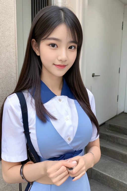 best quality，masterpiece，HD，A pure and beautiful girl，Exquisite face shape，Korean makeup，Clear face，Coffee-colored hair，School teacher，Teacher's uniform，Small waist，Positive face，whole body，breast enlargement