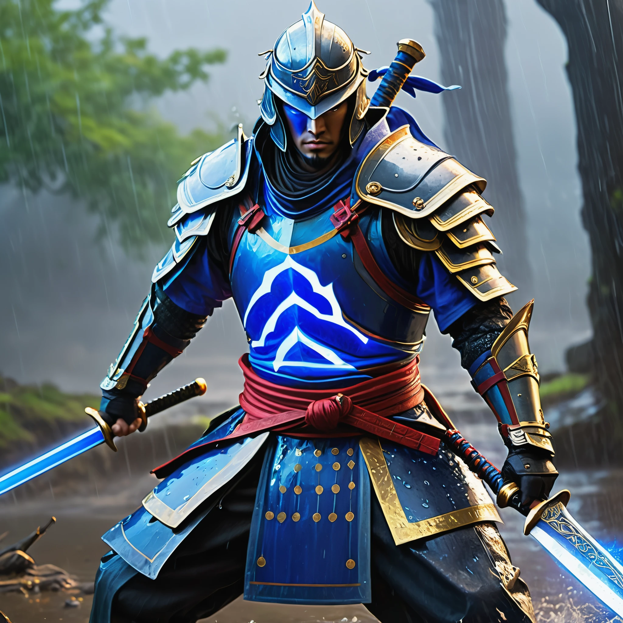 (best quality,4k,8k,highres,masterpiece:1.2),ultra-detailed,(realistic,photorealistic,photo-realistic:1.37),HDR,UHD,studio lighting,ultra-fine painting,sharp focus,physically-based rendering,extreme detail description,professional,vivid colors,bokeh,warrior,samurai,dressed for battle,lightning charged blue sword,dreary,rainy battlefield,stormy,heavy rain,strong wind,battle scars,worn armor,shiny armor,reflective armor,slashing motion,heroic pose,fierce expression,agile movement,thunderbolts,falling raindrops,splashing water,muddy ground,shattered trees,battle smoke,streaks of lightning,murky sky,misty fog,emblem on armor,ancient katana,rain-soaked cloak,thunderous clash