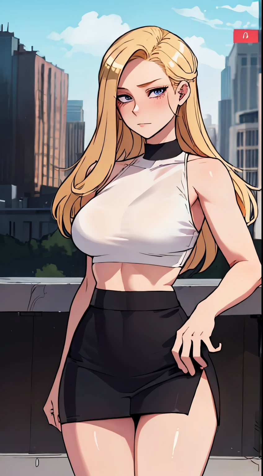 Girl with long blonde hair, in a white crop top and microskirt, You can see the thong