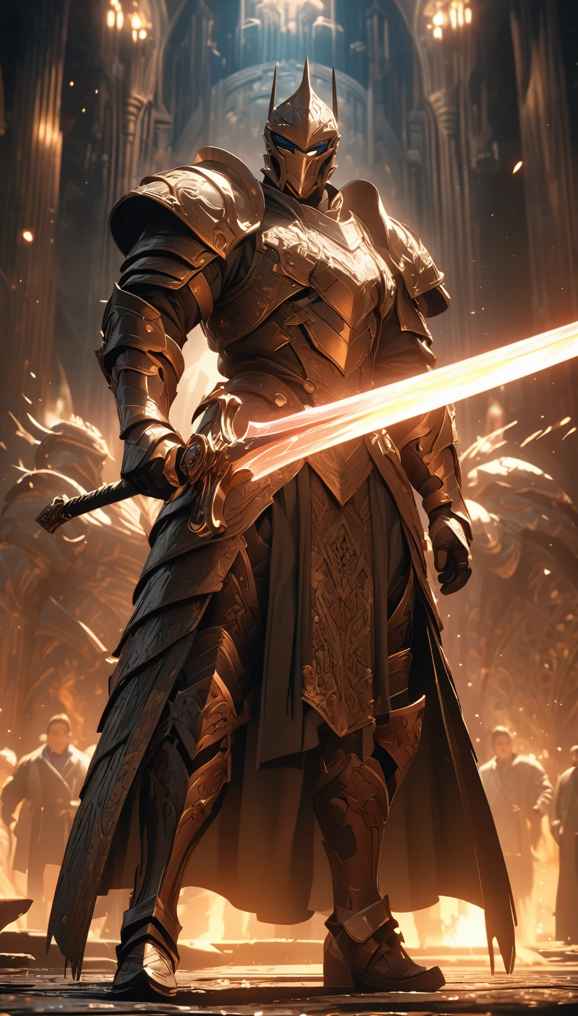 Rich details，warrior，Strong body，Heavy and gorgeous armor，Intricate patterns，Holding a two-handed magic sword，Glowing Effects，8k，Super Fine，high quality，masterpiece，Movie Lighting，cinematic perspective