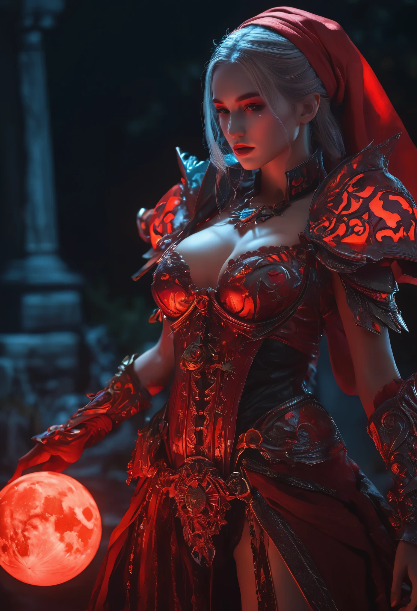 Red Necromancer, Blood Moon, Ray Tracing, masterpiece, highest quality, super high quality, 不条理なdetailed, best Light, Best Shadow, sharp, sharp image, detailed, extremely detailed, Amazing resolution, 8k, 4K, Ultra-high resolution, Particle Effects, Beautiful Effects, Vibrant colors, neon Light, neon, Light,