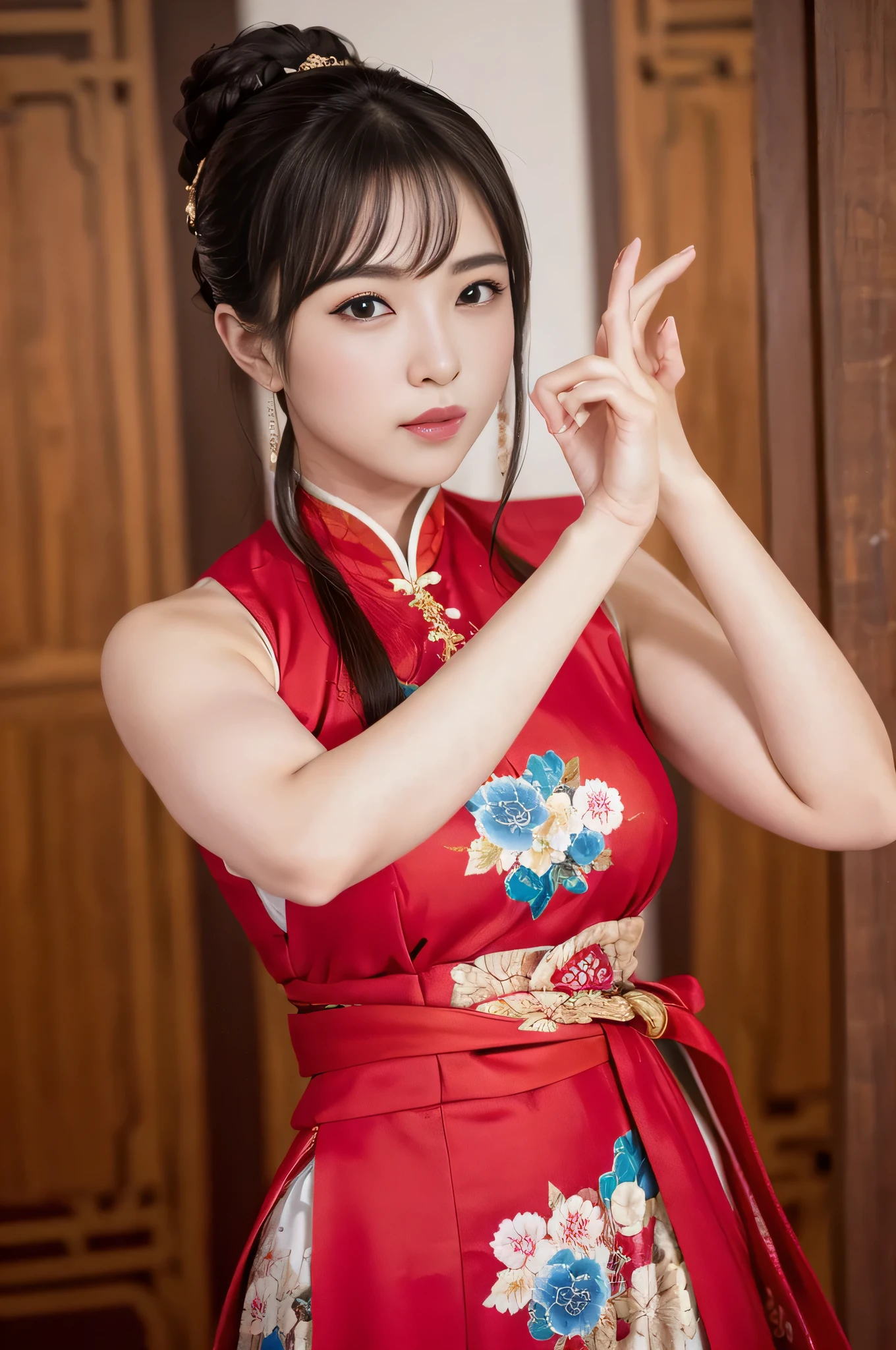 /*Quality writing*/
of the highest quality, 16 K, masutepiece, hyperdetailed face, very detailed lips, Detailed eyes, Realistic pupils,*the pose*/
(Lift the hem of the skirt, Lift the hem of the skirt with both hands、 Lift the hem of the skirt yourself),Silk Panties、 nice hand, Perfect hands
BREAK,
/*Characters and expressions*/
Extremely beautiful girl,poneyTail、Caucasian Asian Girl, 1 girl, Light on Face, (pony-tail hair), ((Very sweet smile)),
BREAK
/*garments*/
(((Satin colorful cheongsam))), ((chinese traditional dresses)), qipao dress, Mini skirt dress, White panty,
BREAK
/*the pose*/
(Lift the hem of the skirt, Lift the hem of the skirt with both hands、 Lift the hem of the skirt yourself),Silk Panties、 nice hand, Perfect hands
break
/*Angular posture*/
Shanghai Street, Cowboy Shot, Looking at Viewer
