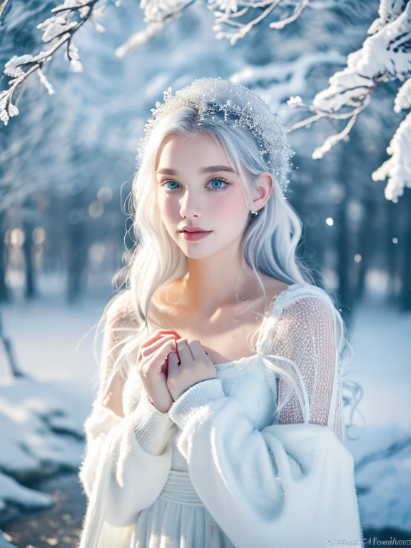 ( masterpiece, top quality, best quality,8k,17 years old girl,ultra detailed,raw photo:1.5),(photorealistic:1.4), (cinematic lighting), PerfectNwsjMajic, , Surrealism, UHD, ccurate, Super detail, textured skin, High detail, Best quality, dynamic angle, White skin,[Beautiful blue eyes], high nose,[flat chest:large breasts:0.5],(1girl),(good anatomy:0.5)),The white,A world covered in silver, branches covered with snow, cold winter touch, Snowflakes dance like elves, Turn the world into a silver fairy tale, Cold, Peaceful and beautiful snow scene, cozy calm, gorgeous princess dress ,white hair