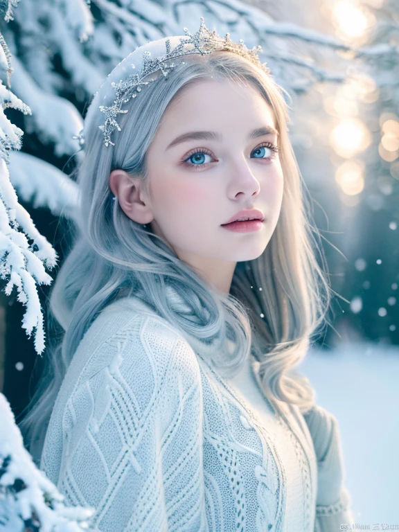 ( masterpiece, top quality, best quality,8k,17 years old girl,ultra detailed,raw photo:1.5),(photorealistic:1.4), (cinematic lighting), PerfectNwsjMajic, , Surrealism, UHD, ccurate, Super detail, textured skin, High detail, Best quality, dynamic angle, White skin,[Beautiful blue eyes], high nose,[flat chest:large breasts:0.5],(1girl),(good anatomy:0.5)),The white,A world covered in silver, branches covered with snow, cold winter touch, Snowflakes dance like elves, Turn the world into a silver fairy tale, Cold, Peaceful and beautiful snow scene, cozy calm, gorgeous princess dress ,white hair