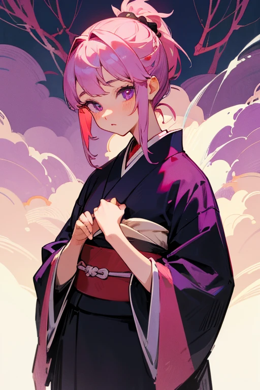 beauty、Clean your eyes、Sharp eyes、The Taisho Period in Japan、Behead、ponytail、cute、Pink Hair、cute髪飾り、Braiding、Purple eyes、Clothing in the early Showa period、white、black、Red Kimono、