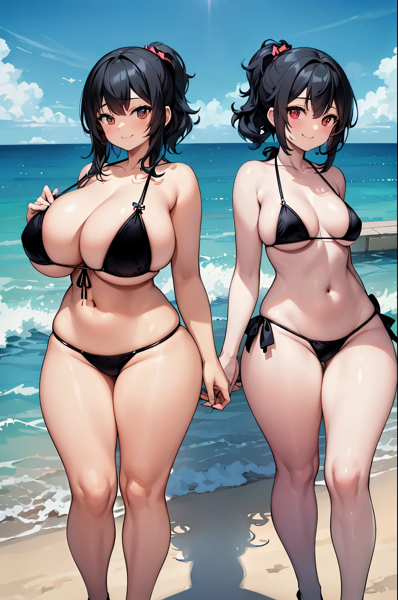(Smile Beam:2.0),((micro bikini:2.0)),((cleavage:1.5)),(((medium hair:1.3,black hair:2.0))),(black eye:1.5),(from directly above:1.5),(twins:2.0),(2 female), (2 girls:2.0),(2 wonen:2.0),((High leg:1.5), (twins:2.0),20 years old,masterpiece,hyper quality, very detailed,perfect picture,3D,8k,High resolution,seductive anime girl, sporty hairstyle,Smooth anime CG art, (twins:2.0),