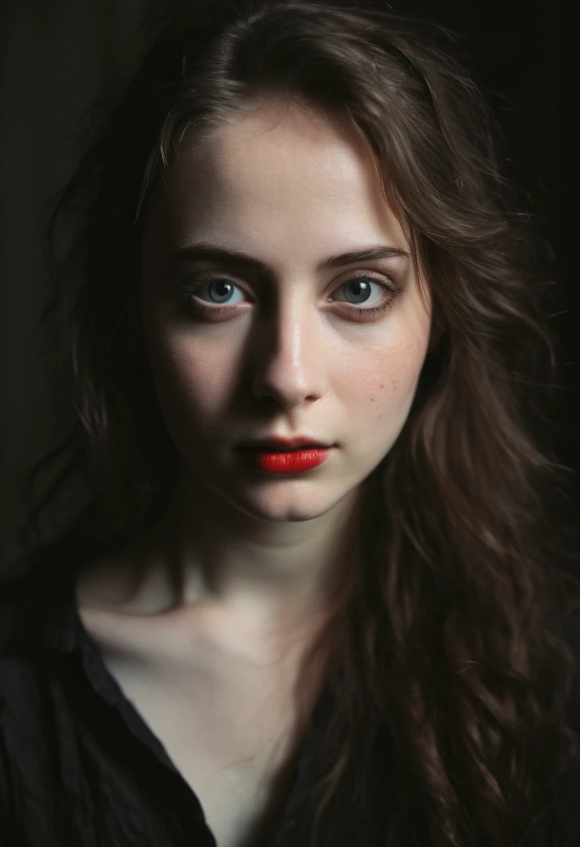 ((ultra realistic))) Photo, masterpiece, top quality, (pale skin), (Ultra detailed face and eyes:1.2), Bright eyes, 1 girl, hood, Dark background, (Eye makeup, mascara) , ((Dark wavy hair)) , ((Stylish hairstyle)) , (Natural breasts), (A slight smile), ((Posing)), photoshoot, studio (Contour lighting), (The play of light and shadows), depth of field, bokeh, (special attention to skin detail: 1.2), Detailed leather texture, skin pores. ((Dark and gloomy atmosphere of the frame. color scheme - black, Gray, Ashen, [[Red]] Tons)), ((Film grain, VHS effect)), ((rays)) , ((waist up portrait, close to the camera)) , ultra detialed,