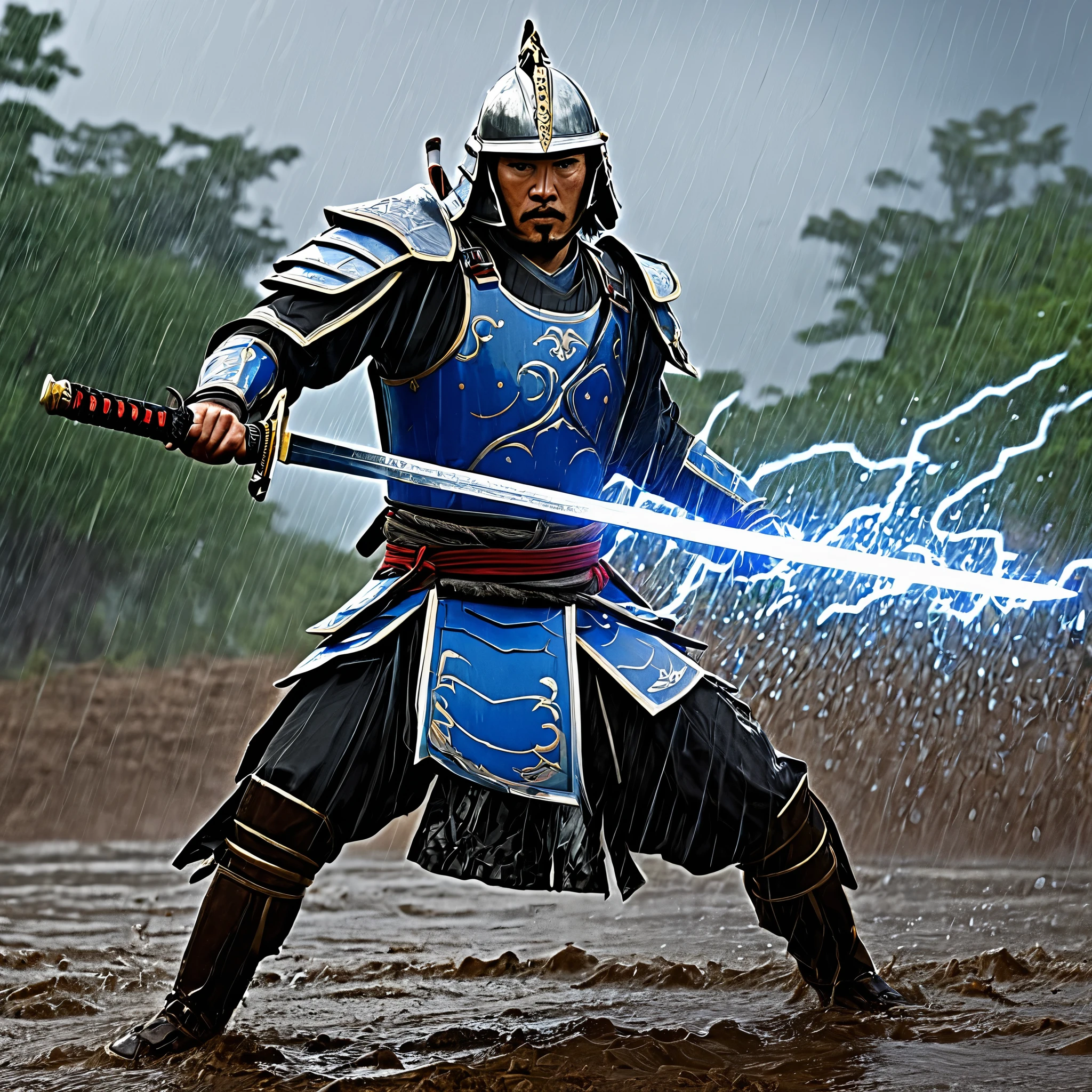 (best quality,4k,8k,highres,masterpiece:1.2),ultra-detailed,(realistic,photorealistic,photo-realistic:1.37),HDR,UHD,studio lighting,ultra-fine painting,sharp focus,physically-based rendering,extreme detail description,professional,vivid colors,bokeh,warrior,samurai,dressed for battle,lightning charged blue sword,dreary,rainy battlefield,stormy,heavy rain,strong wind,battle scars,worn armor,shiny armor,reflective armor,slashing motion,heroic pose,fierce expression,agile movement,thunderbolts,falling raindrops,splashing water,muddy ground,shattered trees,battle smoke,streaks of lightning,murky sky,misty fog,emblem on armor,ancient katana,rain-soaked cloak,thunderous clash