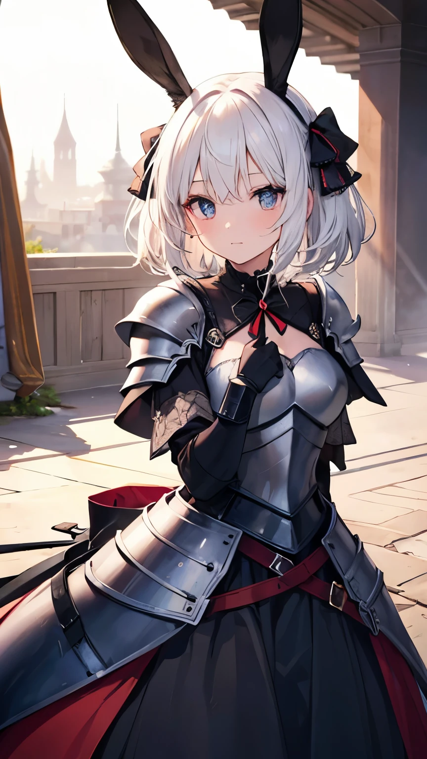 ((Best quality, 8k, Masterpiece: 1.3)), Sharp focus A beautiful woman, Highly detailed face and skin texture, (Detailed eyes), rabbit ears, medium hair, white hair, hair bow, red ribbon, pupils sparkling, tareme, (knight wearing steel armor), at battlefield, cowboy shot