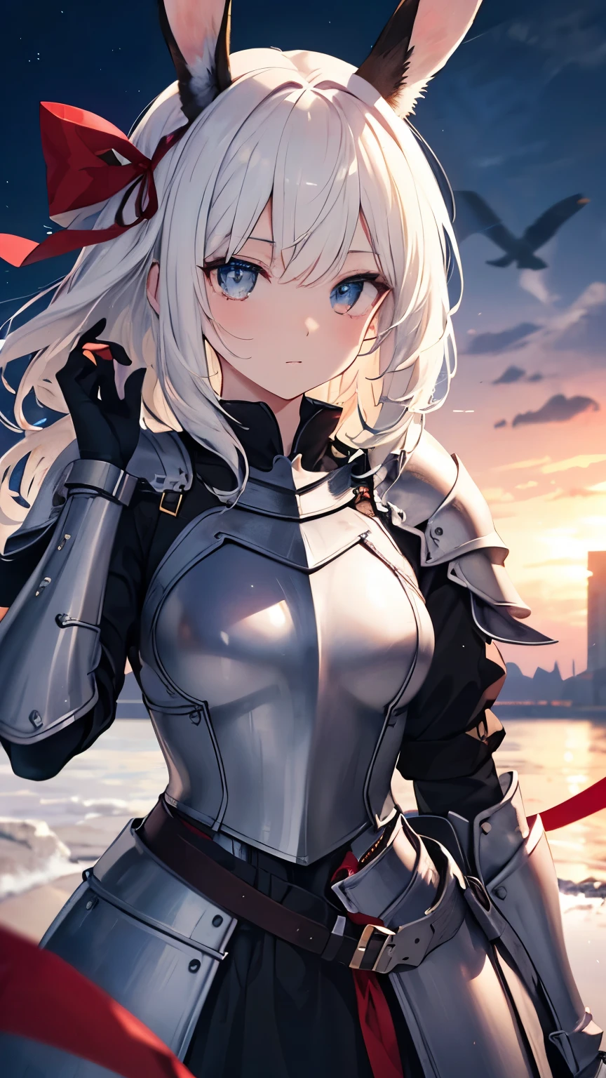 ((Best quality, 8k, Masterpiece: 1.3)), Sharp focus A beautiful woman, Highly detailed face and skin texture, (Detailed eyes), rabbit ears, medium hair, white hair, hair bow, red ribbon, pupils sparkling, tareme, (knight wearing steel armor), at battlefield, cowboy shot