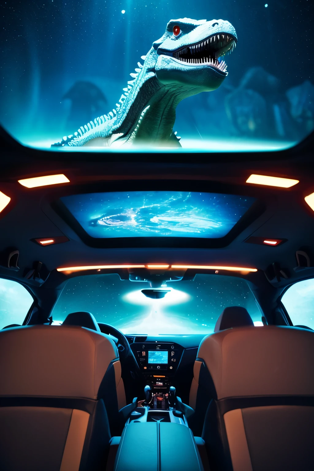 Inside the spaceship, a dinosaur with a nameplate with XTER written on it.