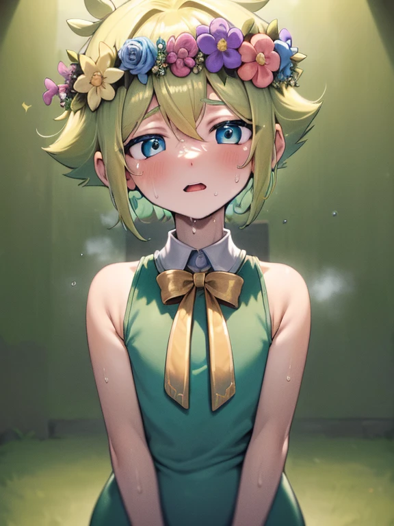 (best quality,4k,8k,highres,masterpiece:1.2),ultra-detailed,cute,blonde-haired boy with a head flower, small cock,green-haired boy with a head wreath, sweat, teen, penis, thicc, 